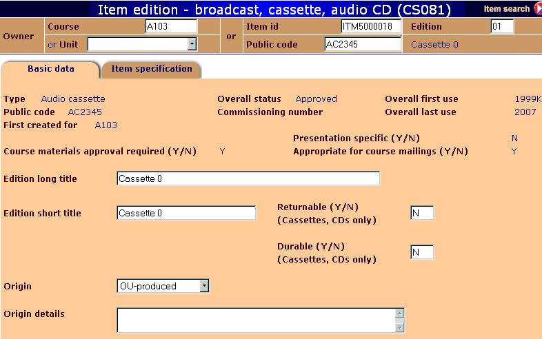 Item edition screen CS081 